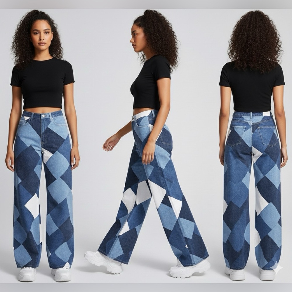 Diamond Patchwork Jesns Wide-Leg Denim – Statement Edition - Picture 6 of 14